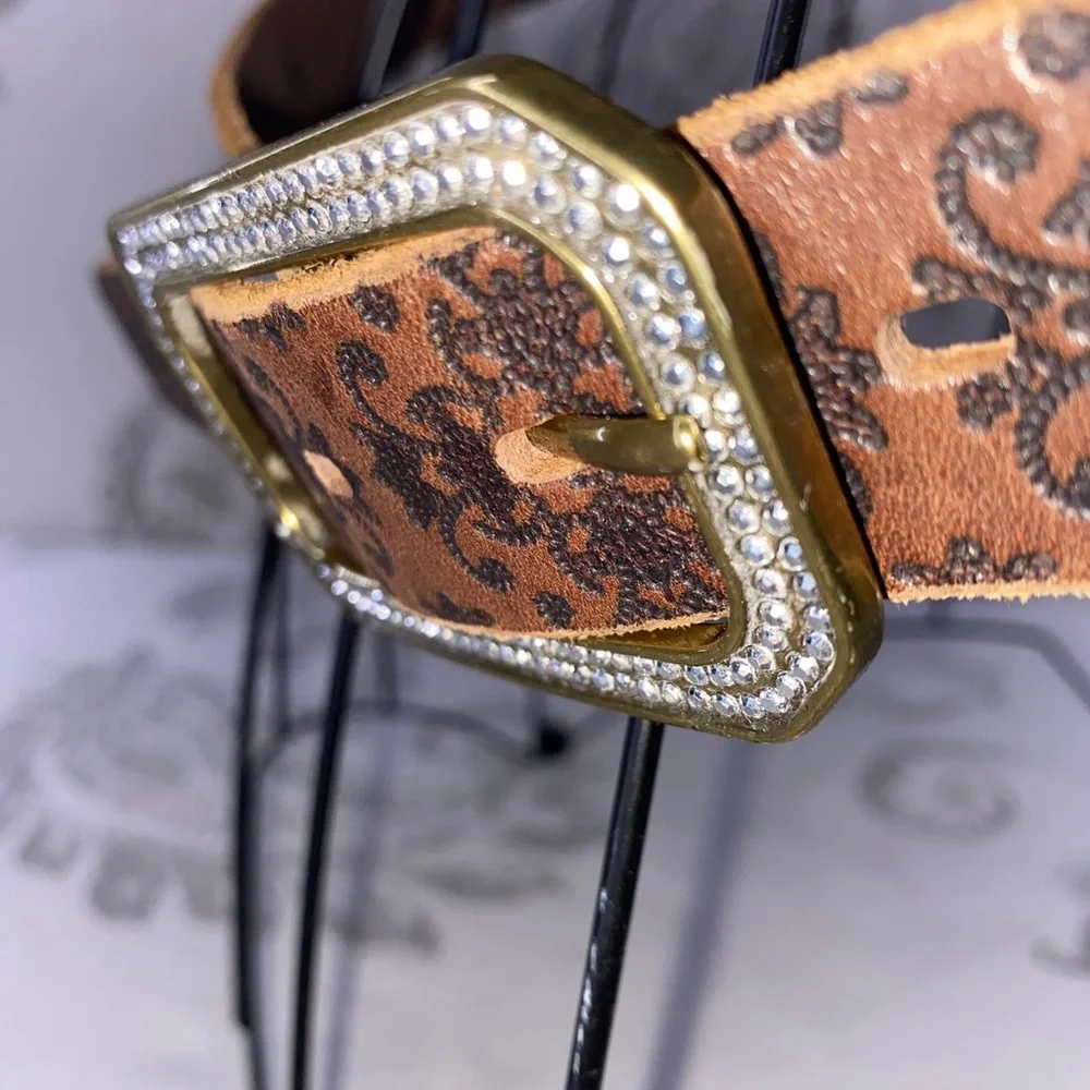 VINTAGE BLING BROWN BELT, ORNATE STAMPED DESIGN LARGE